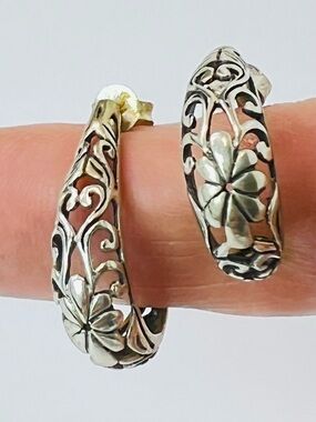 Sterling Silver Floral Scroll Hoop Earrings | Vintage-Inspired Artisan Hoops